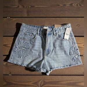 PacSun High Rise Festival Light Blue Jean Shorts with Bow Accents NWT